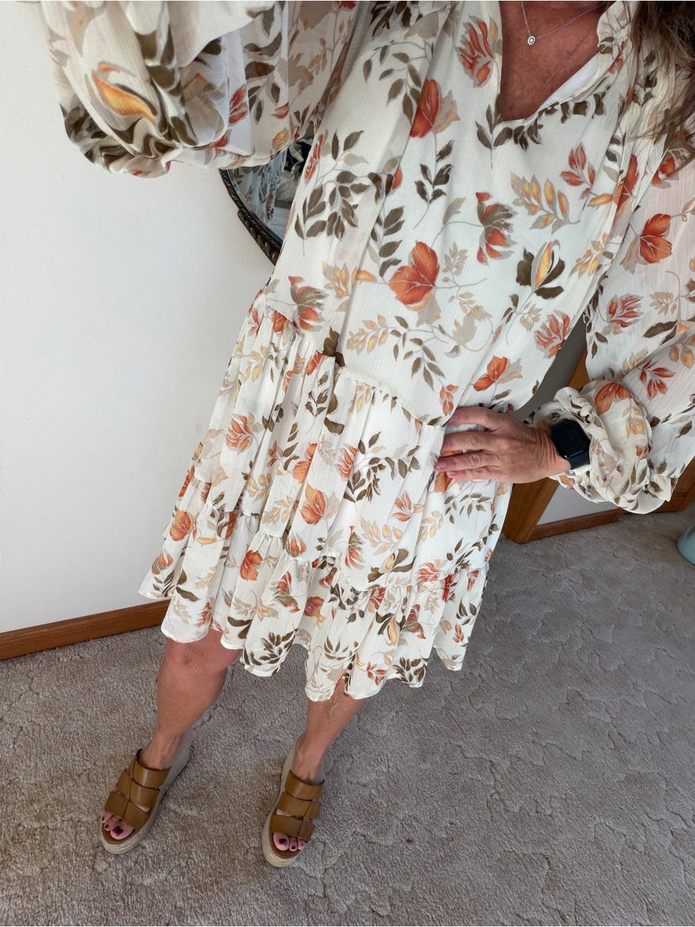 Altar'd State Cream Floral Tiered V-Neck Mini Dress with Fall Leaves- Accents